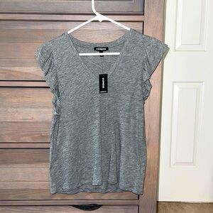 Express women’s XS grey knit top with ruffle detail on sleeves v neck NWT